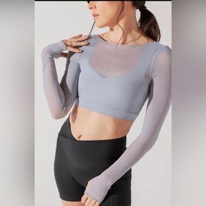 POPFLEX Coquette Long-Sleeve Mesh Bra Top - Blue Stone